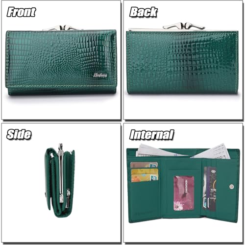 Genuine Patent Leather Trifold Wallet for Women - Compact Kiss-lock Coin Purse with Crocodile Embossed Texture, RFID-blocking Card Holder - 8 Card Slots | ID/Photo Window - Green2