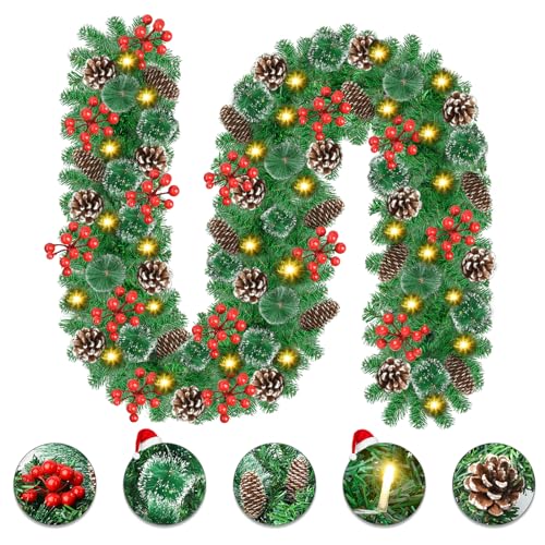 Weihnachtsgirlande mit Beleuchtung - 2,7 M/9FT Girlande Weihnachten Dekoration mit 30 LED, Tannengirlande Künstlich Weihnachtskranz für Kamin, Treppe, Tür, Fenster, Innen, Außen