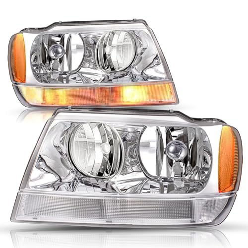 JSBOYAT Headlight Assembly Pair JS-HL-JGC99 Compatible with 1999-2004 Jeep Grand Cherokee Chrome Housing+Amber Reflector Driver and Passenger Side
