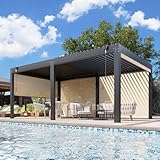 EROMMY 12x20 Louvered Pergola with Side Pull-Down Screen, Outdoor Aluminum Pergola with Thickened Frame and Adjustable Metal Rainproof Roof for Deck Patio Garden Yard, Black-Gray