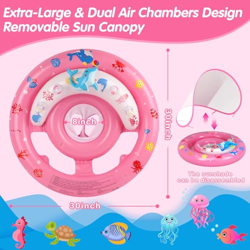 Oukitoymer Baby Pool Float with UPF50+ Sun Protection Canopy, Inflatable Swim Floatie with Animal Toy Play Console and Hand Air Pump, No Flip Over Swimming Floaty for Infants & Toddlers 6-36 Months by Oukitoymer - Used condition - Image 3
