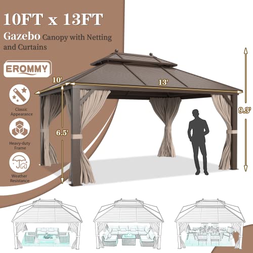Erommy Hardtop Gazebo Galvanized Steel Outdoor Gazebo Canopy Double Vented Roof Pergolas Aluminum Frame With Netting And Curtains For Garden,Patio,Lawns,Parties (10'X 13') #TOP2