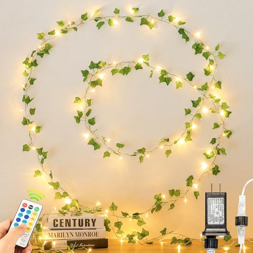 Qunlight Vines with Fairy Lights,23ft Ivy Leaf Lights Plug in,73 LED Lighted Fake Garland with Remote Indoor Outdoor for Dorm,Bedroom,Wall,Celling,Curtain,Photo,Birthday,Wedding Decor(Warm White)