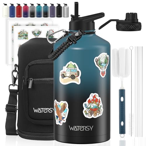 1 Gallon Water Bottle Insulated(Cold for 48 Hrs),BPA Free&Leak Proof,128oz Stainless Steel Water Jug,Large Water Bottle with Straw Spout Lids for Gym,Hiking,Camping&Travel,Black Blue