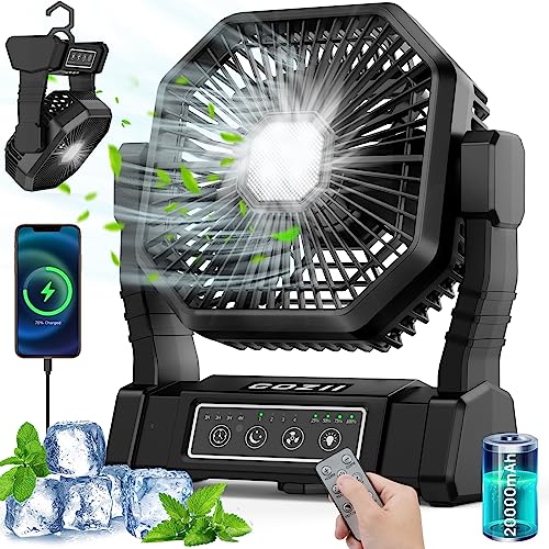 Cozii Camping Fans For Tents, 20000Mah 75Hrs Battery Powered Rechargeable Camping Fan With 3 Colors Light, 4 Speeds, 4 Timing, Adjustable Head, Portable Camp Fan With Hanging Hook For Picnic, Patio #TOP15