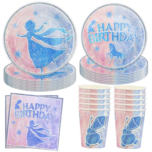 Hmfmdy Vaisselle de fête La Reine des Neiges, 50 Pièces Décoration de fête sur le Thème de la Neige, Vaisselle D'anniversaire Flocon de neige avec...