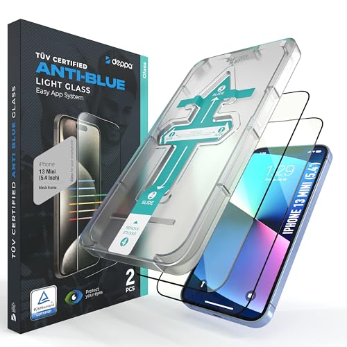 Deppa |2 Pack| Eye Safeguard TÜV Certified Anti-Blue Light Screen Protector for iPhone 13 Mini (5.4') Tempered Glass Edge to Edge Full Cover with Easy Installation Kit Tray