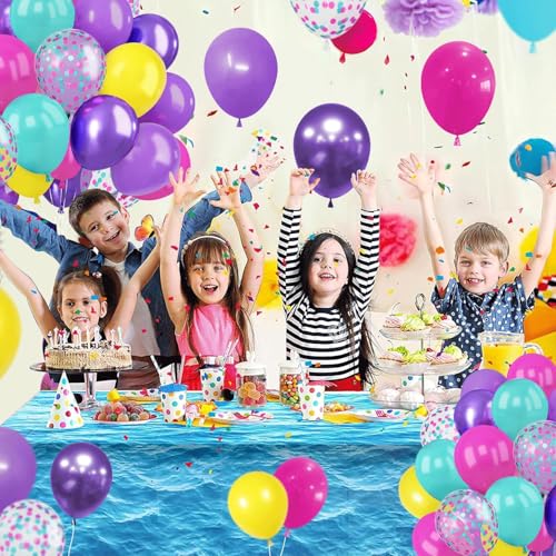 Image of Pink Blue Purple Balloons - 50 Pcs 12 Inch Hot Pink Metallic Purple Teal Yellow Confetti Balloons for Magic Theme Birthday Baby Shower Engagement Party Decoration