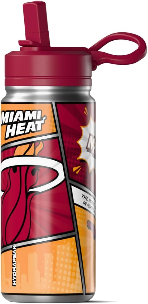 Hydrapeak x NBA Miami Heat 20 oz Stainless Steel Water Bottle, Officially Licensed Double Wall Insulated Sports Bottle with Straw Lid, Reusable Leakproof Gift for Kids & Adults