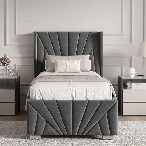 Blisswood Single Ottoman Bed – Upholstered Bed Frame with Headboard, Wooden Slats & Gas Lift-Up Storage Base – 3ft Small Bed for Kids Teens Girls & Guest Bedroom (90x190cm Dark Grey_Mattress Included)