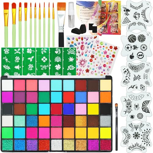 54 Color Face Painting Kit - Non-Toxic Water Based Face and Body Paint Set with Brushes, Stencils, Sponges - For Sensitive Skin, Halloween, Carnival, Birthday Parties, Festivals & Events.