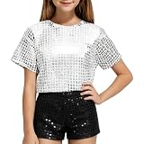 Shorts à Paillettes Scintillantes pour Fille et Garcon Jazz Disco Short de Danse Hip-hop Tenue de Carnaval Brillant élastique Confortable Sweatpants Jambe Large Dansewear pour Fêtes