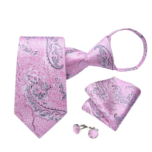 Image of DiBanGu Silk Zipper Ties for Men,Paisley Solid Plaid Pre-tied Tie and Pocket Square Cufflinks Set Formal Adjustable Necktie