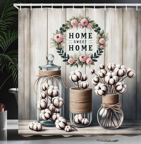 Ambesonne Farmhouse Shower Curtain, Countryside Vintage Cotton Flowers on Weathered Wooden Planks Back, Cloth Fabric Bathroom Decor Set with Hooks, 69" W x 70" L, Pale Brown Pale Rose Ecru