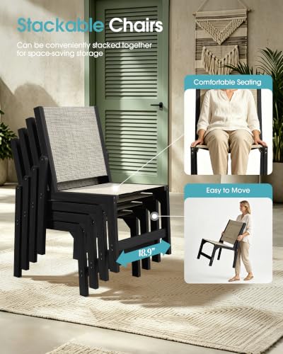 Image of Ciokea HDPE Outdoor Dining Set, Patio Table and 4 Stackable Chairs, Black | All-Weather Furniture Set with 2 inch Umbrella Hole and Armless Chair. Breathable Teslin Fabric Suitable for Outdoor Leisure.