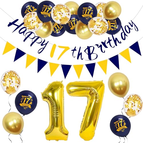Joyeah Happy 17th Birthday Decorations Navy Blue Gold 17th Birthday Balloons Party Decorations Mens Boys Happy 17th Birthday Banner Kit