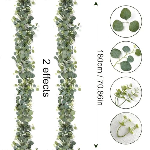 2 Stück Eukalyptus Girlande mit Weiße Blume, 1.8m Künstliche Pflanze, Hängend Grün Blätter für Tischdeko, Frühling Innendeko, Heimdeko (A)