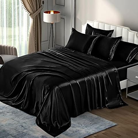 P Pothuiny 6 Pieces Queen Satin Sheets Luxury Silky Black Satin Bedding Sheet Set, 1 Deep Pocket Fitted Sheet + 1 Flat Sheet + 4 Pillow Cases Cover