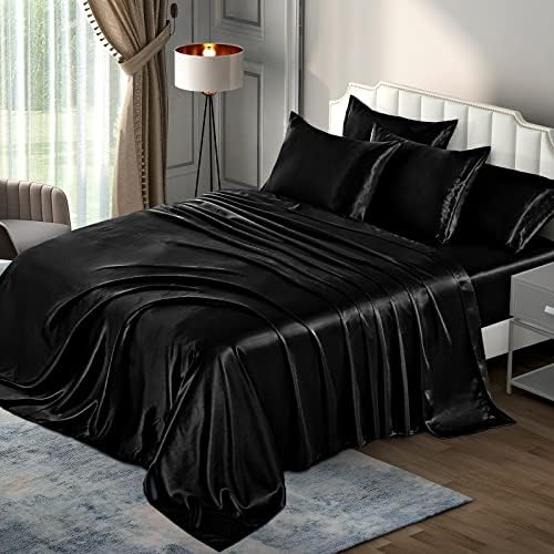 P Pothuiny 6-Piece King Satin Sheet Set Black Silky Sheets