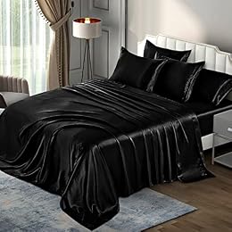 P Pothuiny 6-Piece Full Satin Sheet Set Black Silky Sheets