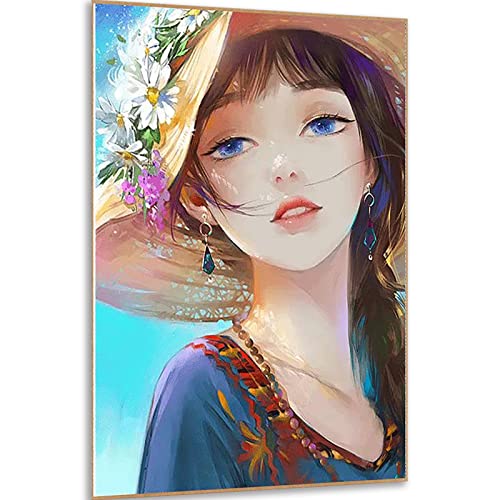 Broderie Diamant Peinture Fille d'Été - Grand Tableau 90x60 cm Salon et Chambre Accessoire