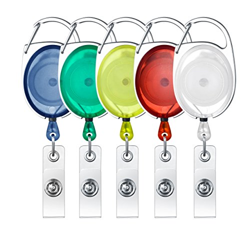 Retractable Badge Holder Carabiner Reel Clip On ID Card Holder Translucent, Pack of 5- Assorted Colors