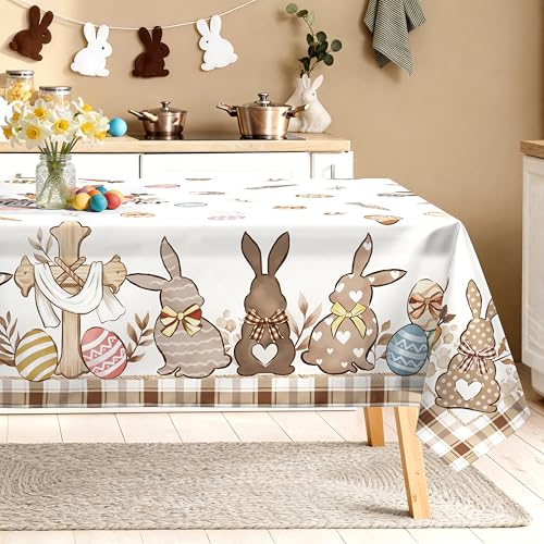 Arquiel Ostern Tischdecke Rechteckig, Abwaschbar Osterhasen Beige Tischdecken Polyester Wasserabweisend, Ostereier Bunt Tischwäsche Dekoration für Küche Garten Party, 140×180 cm