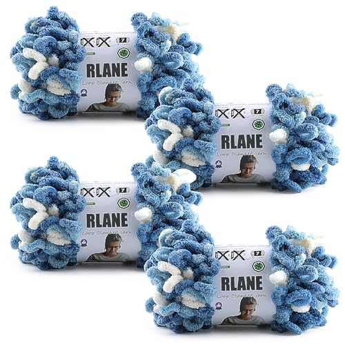 Image of Loop Yarn for Finger Knitting Soft - Chunky Yarn for Hand Knitting - 4 Pack of 180 G /6.4 Oz - #7 Jumbo - 18 Yards - Chenille Blanket Yarn for Crocheting Blankets (4, Denim Blue - White)