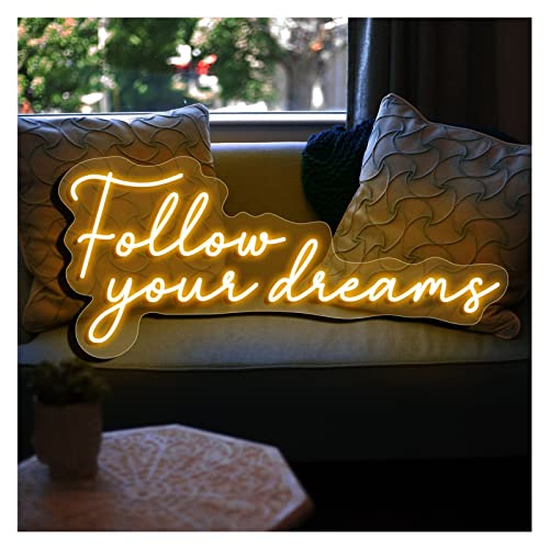 Neon Sign 'Follow Your Dreams'Lights Custom Led Visual Art Wall Light Up Sign Neon for Room Wedding Party Wall Decor(Yellow,60x27cm(23x10.6in))
