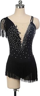 Figure Skating Dress Girls Figure Skating Dress Sexy Hollow Women's Sleeveless Tassels Shiny Rhinestone Gymnastics Ballet Ice Roller Skating Dance Competition Performance Costume,Black,XL