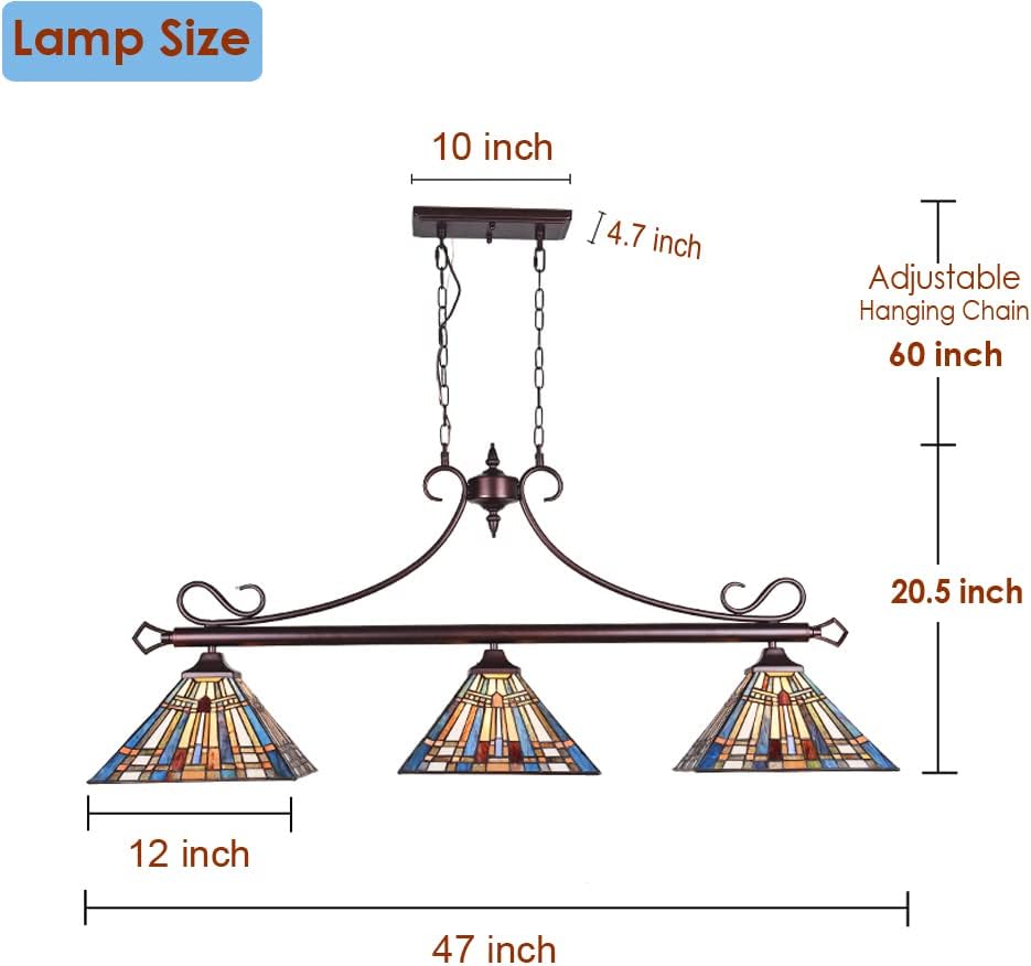 Tiffany Pool Table Light Chandelier,Kitchen Island Lighting Stained Glass Pendant Light for Gameroom,Antique Style 3 Lights Ceiling Hanging Lamp for Dining Room Kitchen Men's Club