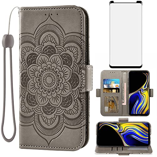 Asuwish Compatible with Samsung Galaxy Note 9 Wallet Case and Tempered Glass Screen Protector Flip Cover Card Holder Cell Accessories Phone Cases for Galaxies Note9 Gaxaly Glaxay Not S9 Women Men Gray