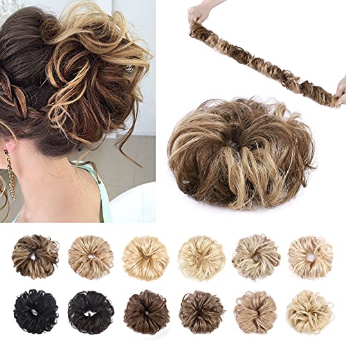 Messy Hair Scrunchies Wrap Bun Extensions Real Human Hair Curly Wavy Pieces For Women Updo Ponytail Hair #4P27 Medium Brown&Dark Blonde