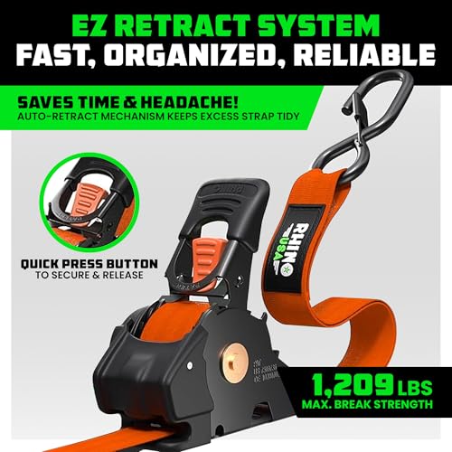 Image of Rhino USA Retractable Ratchet Straps (4-Pack) - 1 Inch x 10 Feet (1,209lb Break Strength) - Auto Self Retracting Tie Down Straps for Truck, Cargo Trailer, Motorcycle, ATV, UTV - Orange