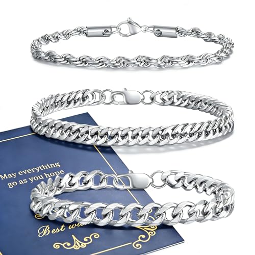 NUKAYAI Stainless Steel Bracelets for Men Stainless Steel Bracelet Mens Set 7.5 Inches 3 Pcs Chain Cuban Link Heavy Metal Bracelets Sterling Silver Bracelet for Men Him