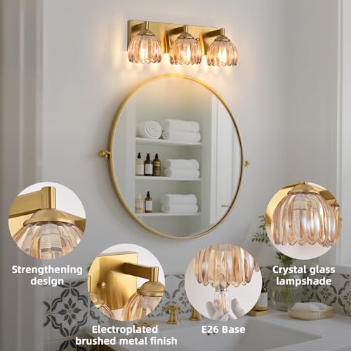 Image of Bathroom Vanity Light Fixtures, 3-Light Brushed Gold Bathroom Light Fixtures Over Mirror, Antique Wall Lights with Amber Glass Tulip Light Shade for Mirror, Kitchen, Hallway, Cabinet, Porch