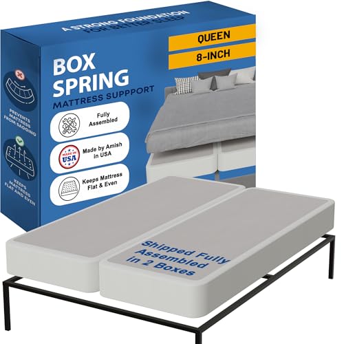 Greaton, Box Spring Bed Base Queen Size, 8-Inch Wood Amish Made in USA – Quiet Noise Free, 2-Pieces Under Mattress-Support BoxSpring, Fully Assembled, White, 8