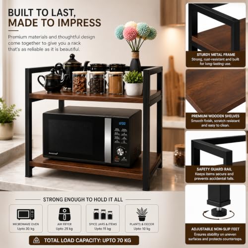 Image of REMANENCE 2-Layer Microwave Stand, OTG Stand, Microwave Oven Platform Rack, Kitchen Storage Shelf (Walnut Brown & Black Pipe,Alloy Steel;Engineered Wood, Tiered Shelf) (Black)