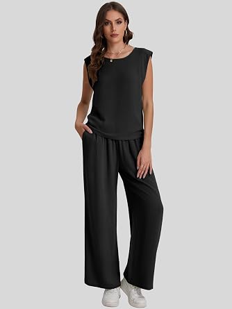 Bloggerlove Womens Summer 2 Piece Outfits Sleeveless Tank Top Wide Leg Pants Linen Jumpsuits Lounge Matching Beach Sets