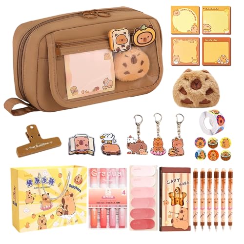 Flkiglm Estuche Escolar Capybara con Suministros | Estuche Escolar de Gran Capacidad, multifunción para Pinceles de Maquillaje con Pegatinas y Accesorios para Estudios