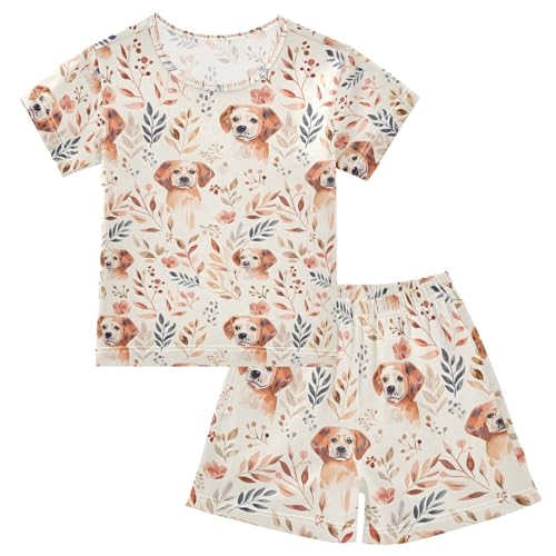 ALAZA Watercolor Golden Retriever Dog Leaves Pajamas Set Short Sleeve Cotton Sleepwear Summer Pjs 2 Piece 5-14Y