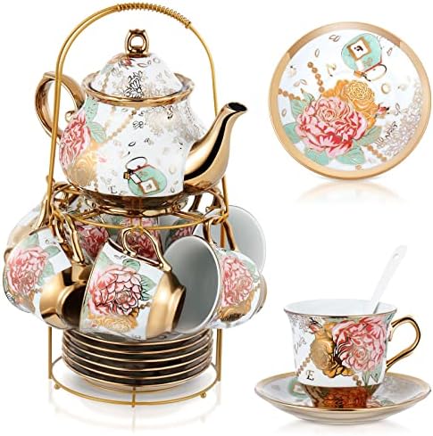 Zhehao 20 Pcs Porcelain Tea Set with Metal Holder and Spoon Adult...