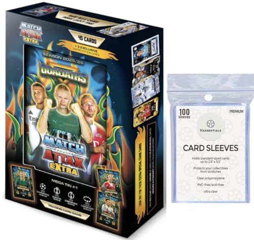 Match Attax Extra 2026 Random Mega Tin 25/26 Contains 45 Match Attax Soccer Cards + 3 Exclusive LEs + Bundled with Hassential Premium Card Protector Sleeves