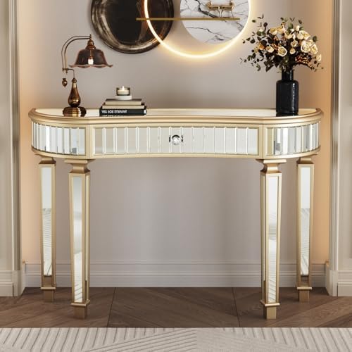 Henf 47" Mirrored Console Table Modern Half-Moon Mirrored Vanity ...