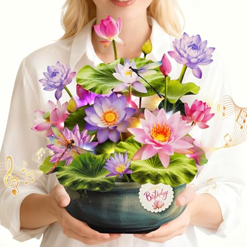 WUJUN Geburtstagskarten mit Musik & Licht Pop-up Alles Gute zum Geburtstag-Karte 25cm lebensgroße Ewige Blumenstrauß-Geschenke für Ehefrau Mutter (Seerose & Lotos)