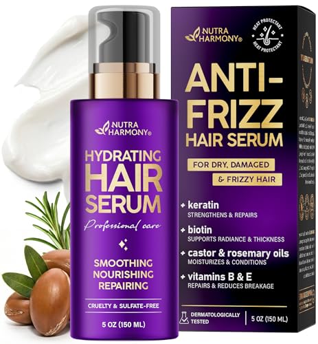 Hydrating Hair Serum for Dry & Frizzy Hair – Anti-Frizz Keratin Hair Treatment with Biotin, Castor & Rosemary Oils for Smoothing & Shine, Leave-In Serum for Split Ends Repair & Heat Protection, 5 oz