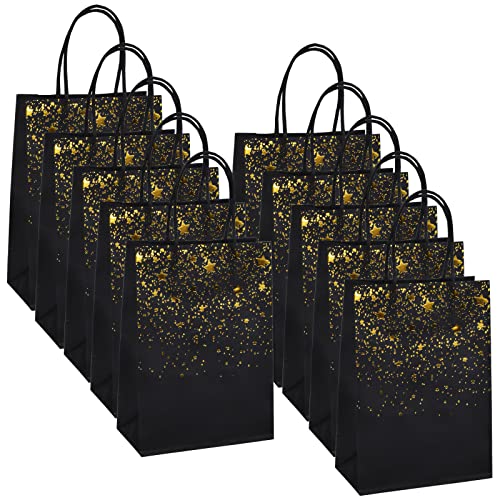 Bezavea Gift Bags with Handles, 10 PCS Party Favor Paper Gift Bags, Party Favor Bags, Black Kraft Paper Bags, 21 x 15 x 8 cm Black Gold Gift Bags Stars & Heart Gift Bags, for Wedding Birthday
