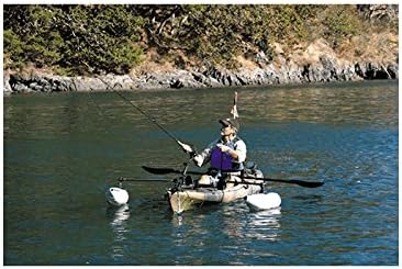 Kayak with Scotty Stabilizer System installed, showing pontoons extending from the sides
