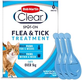 Bob Martin Clear | Spot On Flea Treatment for Cats & Ferrets | Kills Fleas & Ticks | Fast Control, 15 Week Protection | (3 Pipettes)