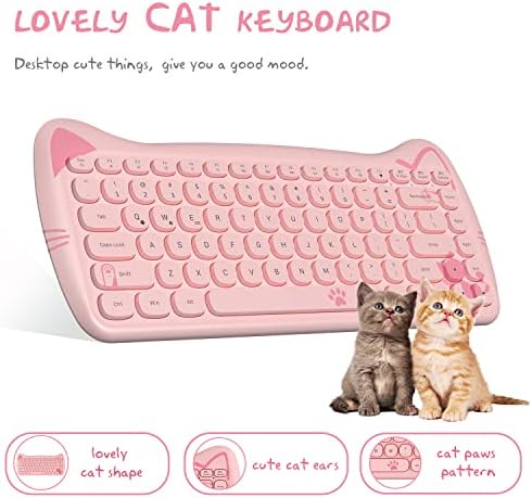 ZIYOU LANG 3060i Wireless Cute Computer Keyboard 80% Percent Lovely Cat Retro Silent Slim Bluetooth Keyboard with Typewriter Round Matte Texture Keycap Multi Device Connection for PC Laptop Mac-Pink